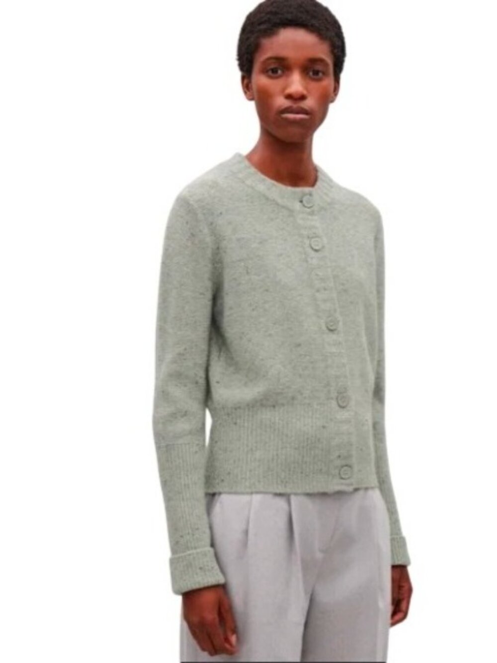 COS Speckled Cardigan Women's XS Sage Green Button Front 100% Wool Ribbed Trims